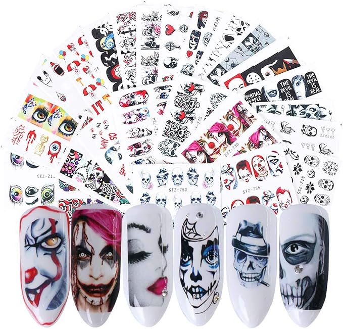 Halloween Nail Stickers Day of the Dead Water Transfer Nail Decals 24 Sheets Skull Ghost Eye Hulk Clown Witch Nail Art Stickers for Halloween Party Supply Fingernails Toenails Decorations - skull sticker
