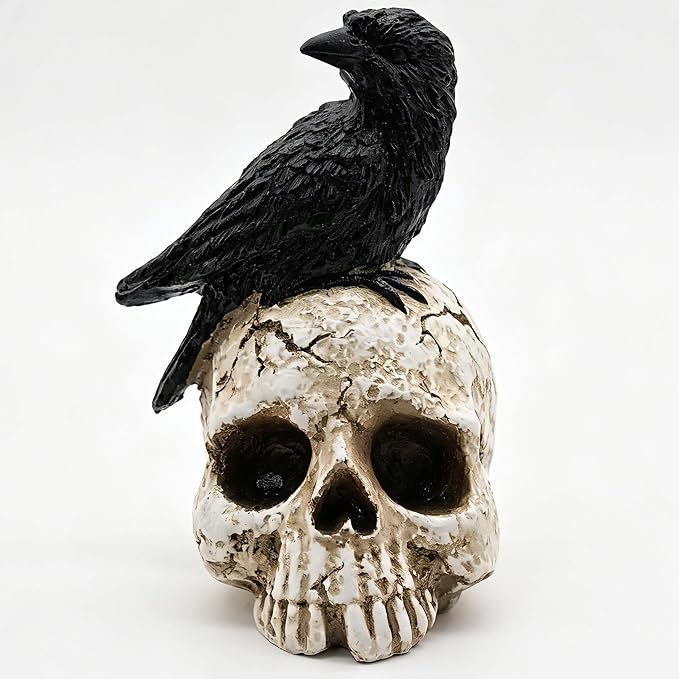 Raven On Skull Halloween Home Decor - Gothic Crow On Skull Statue, Bird Perching On Skeleton Figurine, Macabre Ossuary Sculpture - skull figurine