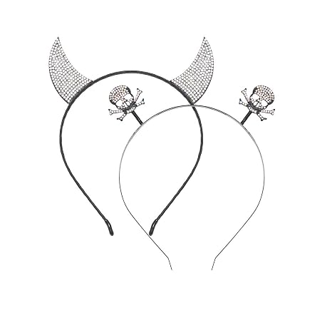 ZITULRY Halloween Devil Horns Headband Rhinestone Skull Head Boppers Hair Band Sparkle Crystal Skeleton Headpiece Party Cosplay Props Dress Supplies Costume Hair Accessories for Women - skull headband