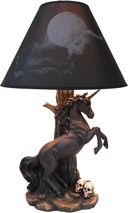Ebros Gift Eclipse Rearing Macabre Black Unicorn Sculptural Desktop Table Lamp with Full Moon Cloudy Night Sky Printed Shade 19" Tall As Fantasy Lighting Decor Unicorns Skulls Halloween Accent - skull lamp