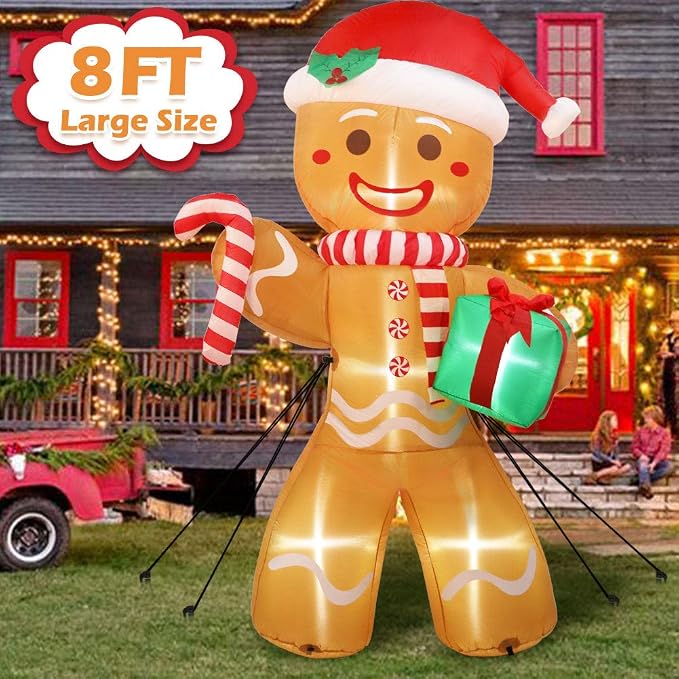AerWo 8ft Christmas Inflatable Gingerbread Man, Christmas Blow Up Yard Decorations with Build-in LEDs, Inflatable Christmas Decorations Outdoor for the Yard, Lawn, Garden - skull inflatable