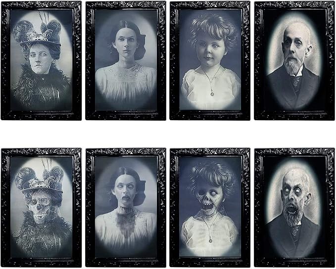 YBB 4 Pack Halloween Moving Picture Frame, 3D Changing Face Horror Portrait Scary Decoration for Home Halloween Party, Castle, Haunted House Decor - skull wall art