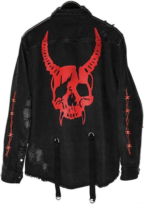 ebossy Men's Skull/Cobra Print Hipster Hip-Hop Distressed Frayed Denim Jean Jacket - skull jacket