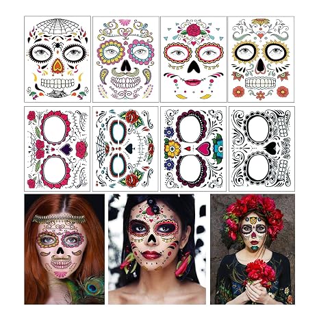 Day of the Dead Face Tattoos, 8 Sheets Sugar Skull Temporary Face Tattoos Stickers for Halloween Party Makeup
