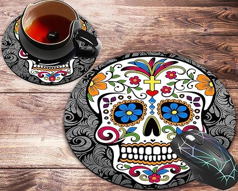 Round Mouse Pad and Coasters Set, Sugar Skull Mousepad, Non-Slip Rubber Round Mouse Pad, Customized Mouse Mat for Working and Gaming - skull coaster