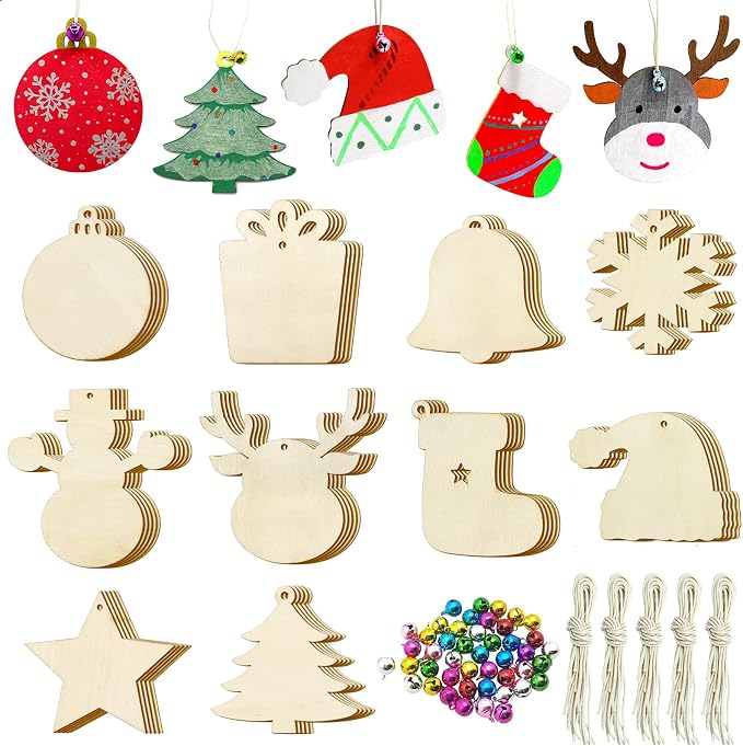 Pseutio 50 PCS Unfinished Wooden Christmas Ornaments DIY Christmas Wooden Slices with 50 Jingle Bells for Crafts Christmas Hanging Decorations (10 Shapes) - skull painting
