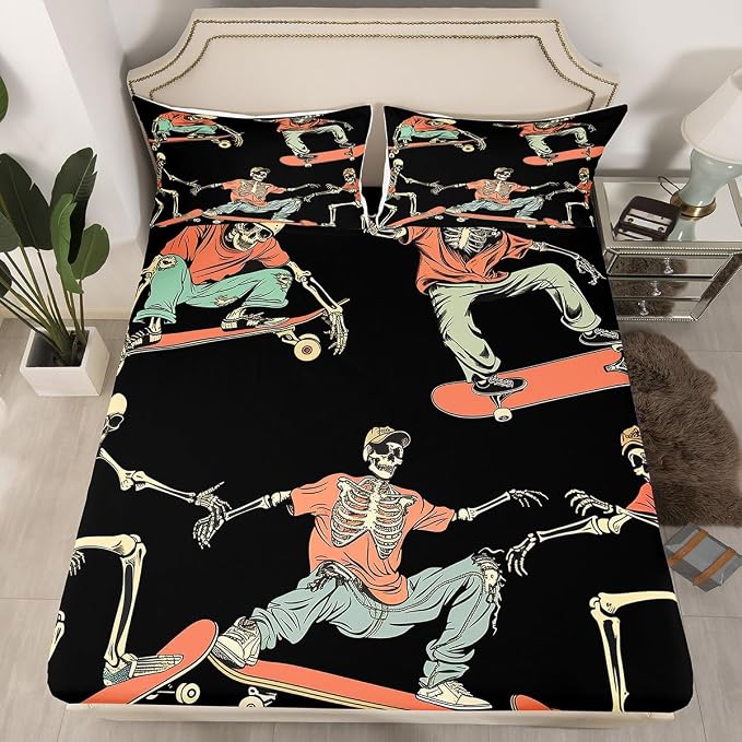 Skateboard Fitted Sheet Sugar Skull Sheet Set Hip Hop Style Bedding Set For Kids Teen Boys Skateboarding Actions Hippie Bed Cover With 1 Pillow Case Twin Size Orange Black Child Room Decor - skull bedding