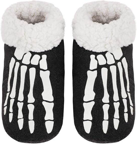 Women Funny Halloween Slippers Glow in The Dark Skeleton Fuzzy Plush Slipper Socks Warm Cozy House Bootie Slippers Home Shoes - sugar skull boots