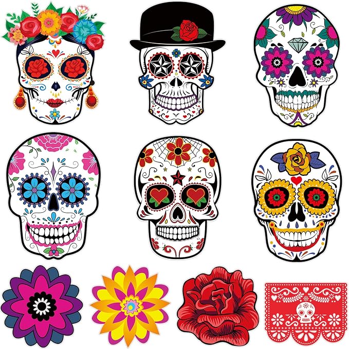 Outus 50 Pcs Day of The Dead Decorations for Altar, Sugar Skull Cutouts for Halloween Mexican Fiesta Party Supplies, Day of The Dead Cutouts Bulletin Board Wall Decor - skull wreath