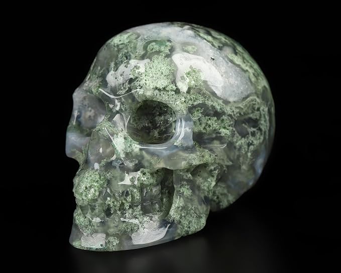 Skullis 2.0” Green Moss Agate Crystal Skull, Hand Carved Gemstone Fine Art Sculpture, Reiki Healing Stone Statue. - skull figurine