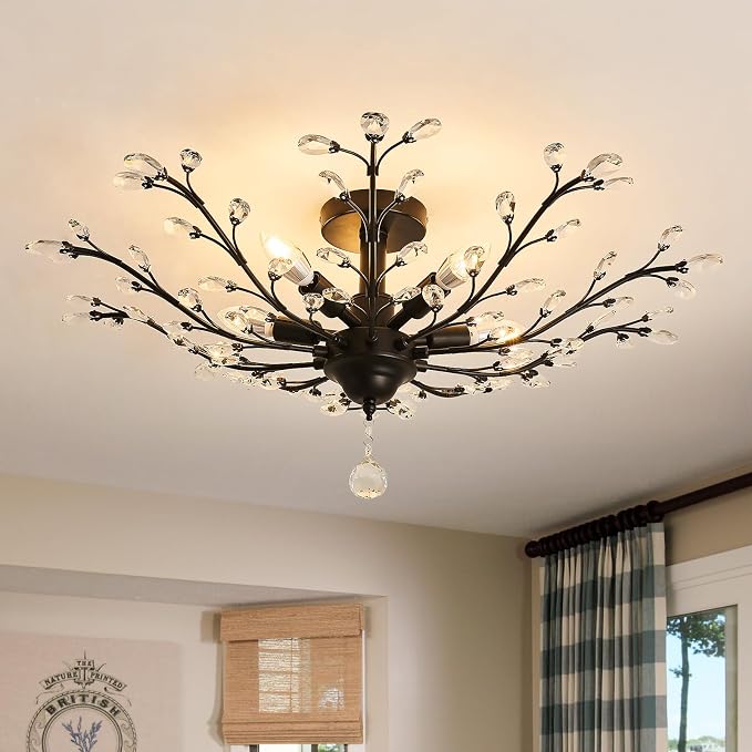 5 – Light Vintage Small Crystal Chandelier Modern Semi Flush Mount Ceiling Light Fixture Chandelier Lighting for Kitchen Bedroom Living Room Dining Room Hallway Foyer（Black）