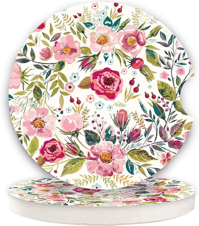 Car Coasters for Women 2 Pack Mother's Day, Auto Small 2.56" Auto Ceramic Coasters for Cup Holders, Absorb Spills to Keep Cupholders Clean, Easy Removal(Flower) - skull coaster