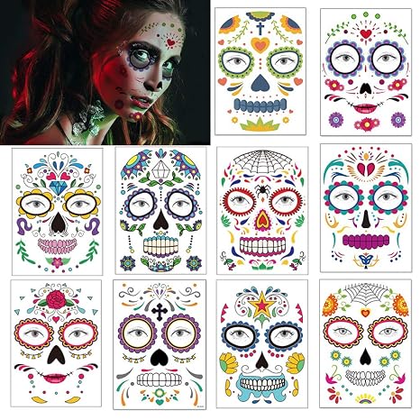Day of the Dead Tattoos Halloween Face Decorations Stickers Temporary Tattoos Sugar Skull Web Roses Spider Face Makeup Decals for Men Women Halloween Party Favor Supplies 10 Pack - sugar skull makeup