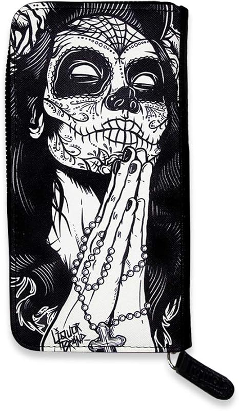 Liquorbrand Gypsy Rose Women's Zip Around Clutch Wallet | Day of the Dead Goth Gothic Rockabilly Dia De Los Muertos Sugar Skull Print | Faux Leather | Black and White - sugar skull handbags for sale