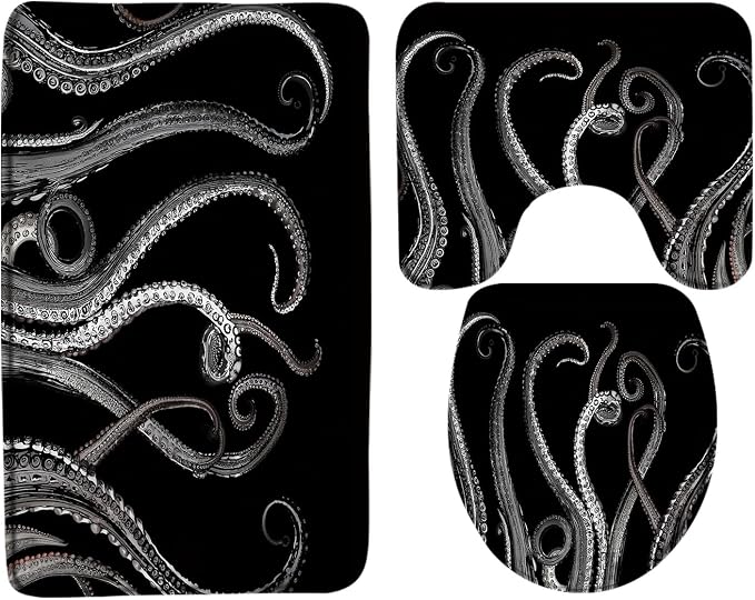 3 Piece Octopus Tentacles Bath Rugs Set, Nautical Ocean Kraken Rug - skull toilet rug