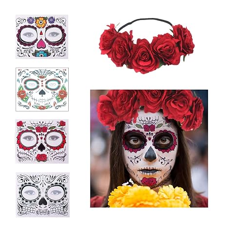 4 Pcs Day of The Dead Sugar Skull Face Temporary Tattoo Halloween Makeup Tattoo Stickers for Halloween Masquerade Party with 1 Rose Red Flower Crown Headband - sugar skull makeup