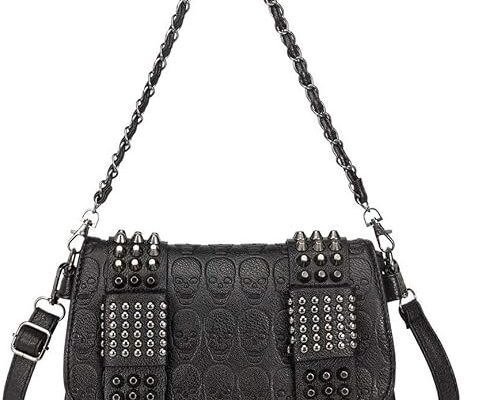 Women Punk Skull Shoulder Top-Handle Bag Goth Rivet Purse Handbag PU Leather Chain Satchel Tote Black