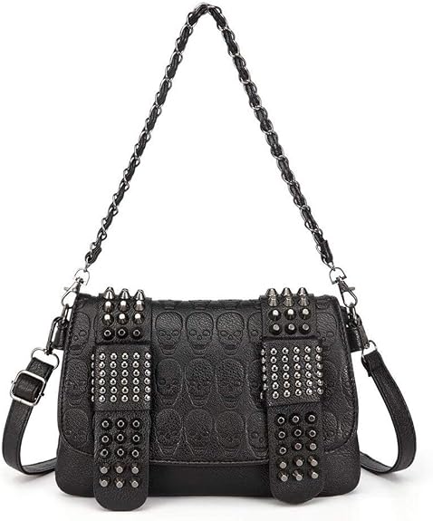 Women Punk Skull Shoulder Top-Handle Bag Goth Rivet Purse Handbag PU Leather Chain Satchel Tote Black - sugar skull handbags for sale