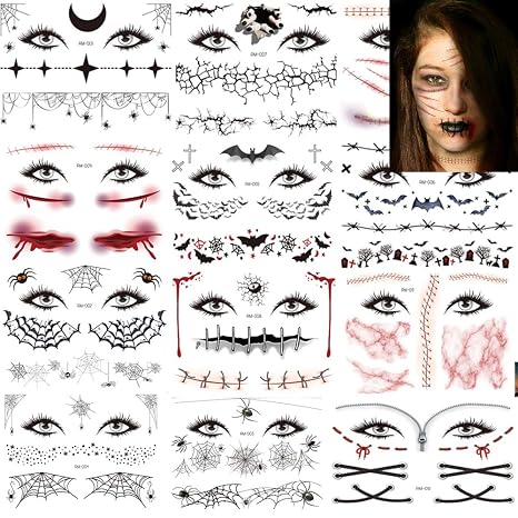 Halloween Temporary Tattoos Day of the Dead Face Tattoos Spider Eye Web Tattoos Sticker 12 Sheets Day of the Dead Makeup Decals for Halloween Party Decorations - skull sticker