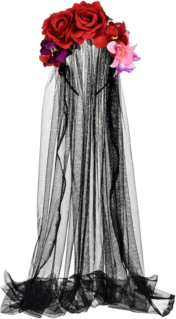 Merroyal Women's Dia de los Muertos Rose Flower Costume Headpiece Halloween Day of The Dead Costume Headband - sugar skull makeup