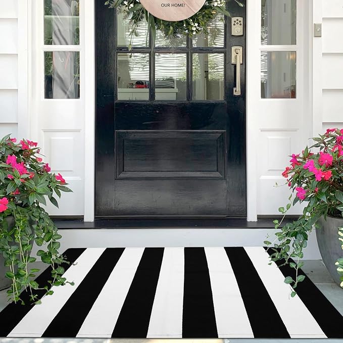 27.5×43 Striped Outdoor Door Mat, Washable Porch Rug, Black/White