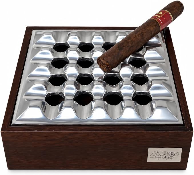 Prestige Import Group Rockford Smokin Ash Square Grid Tabletop Ashtray - Polished Cast Aluminum Tray with Mango Wood Base - skull ashtray