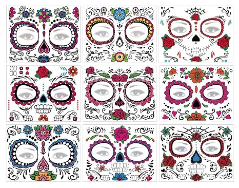 Fake Flower Day of Dead Face Tattoos, Sugar Skull Halloween Face Tattoos - sugar skull makeup