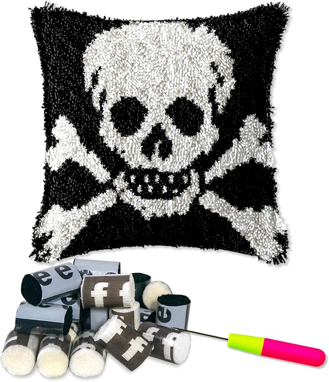 DL-YTG Latch Hook Kits Pillow Black Skull Crochet Yarn Cushion Colour Printed Canvas Rug Needlework DIY Pillowcase Hook and Latch Kit Christmas Home Arts Crafts Sofa Decoration 42x42cm/16X16inch