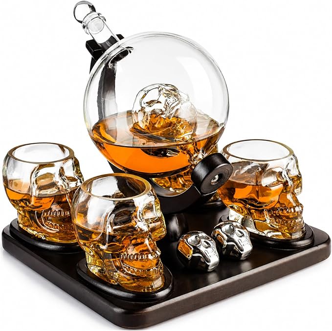 Skull Skeleton Wine & Whiskey Globe Decanter Set 850mL | Gothic Barware Gift Set with 4 Skull Head Shot Glasses 3oz & Skull Chillers on Wooden Base | Spooky Halloween Skeleton Drinkware - skull bottle
