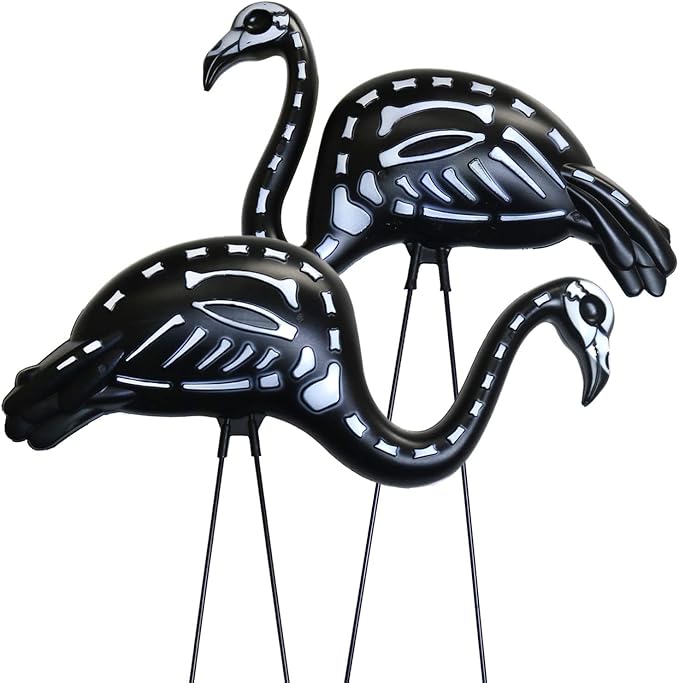GIFTEXPRESS 2-Pack 24" Large Black Halloween Skeleton Flamingos with Stakes - skull inflatable