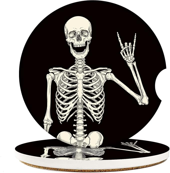 Car Coasters for Drinks, 2 Pack Ceramic Stone 2.56 Inch, Skeleton - skull coaster