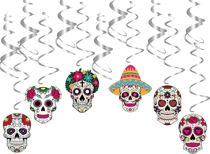 Foil Hanging Swirls Day of the dead Sugar Skull Set Birthday Party Favors Supplies Decorations Ceiling Decor Dia de los Muertos Halloween - sugar skull ornament