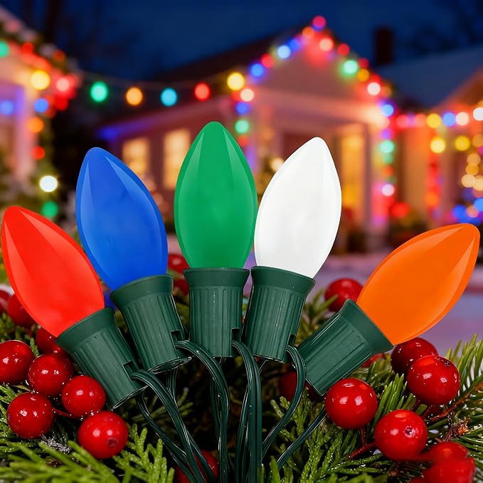 Abeja C9 Multicolor Christmas Light Outdoor, 25Ft Vintage Christmas String Lights with 26 Multicolored Bulbs, Hanging Roofline Lights for Christmas Tree Patio Garden Party Decor, Green Wire - string light