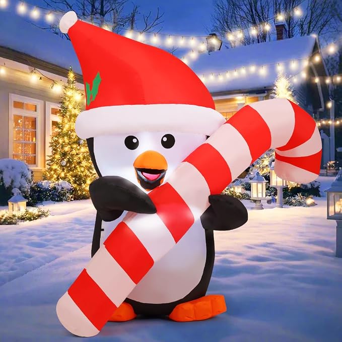 GOOSH 5.2 FT Christmas Inflatables Penguins Outdoor Decorations Blow Up Yard Penguins Holding Candy Cane with Built-in LEDs for Xmas Holiday Party Indoor Garden Lawn Decor - skull inflatable