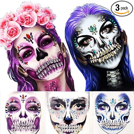 Day of the Death Face Gems Tattoo Halloween Face Jewels - skull sticker
