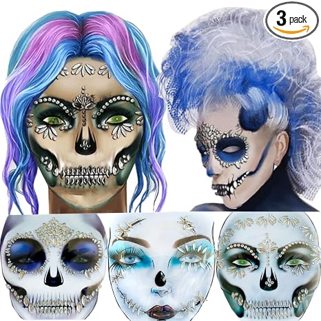 Day of the Dead Face Jewels Tattoo, Jack-O-Lantern Temporary Face Tattoos, Rhinestone Face Jewels Tattoo Stickers for Men Women Kids Halloween Festival Rave Party Cosplay Makeup