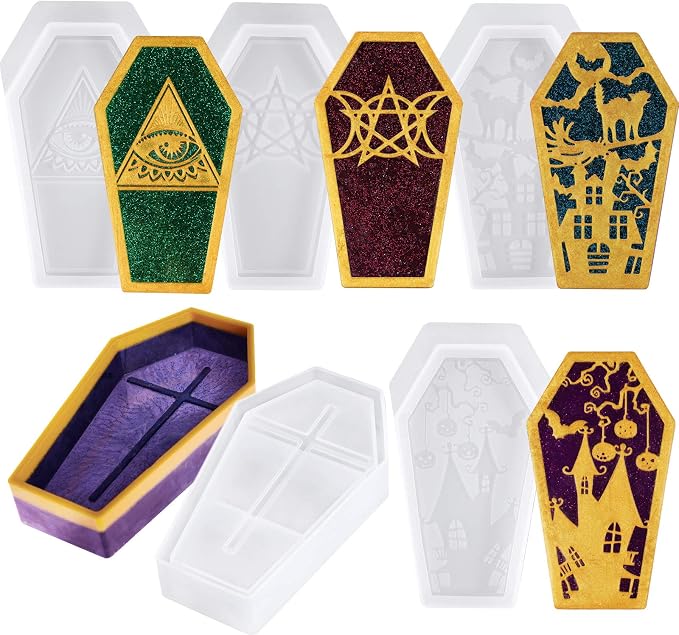 NiArt Epoxy Resin Soft Silicone Molds DIY Casting Halloween Coffin Trinket Box (4 Lids+1 Base) Handmade Art Craft Jewelry Storage Casket Container Box Organizer Holiday Home Decoration Christmas Agate - skull ashtray
