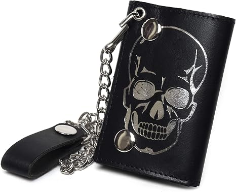 Leatherboss Genuine Leather Trifold Skull Biker Chain Wallet Credit Card Cash with ID Holder, Black - skull wallet