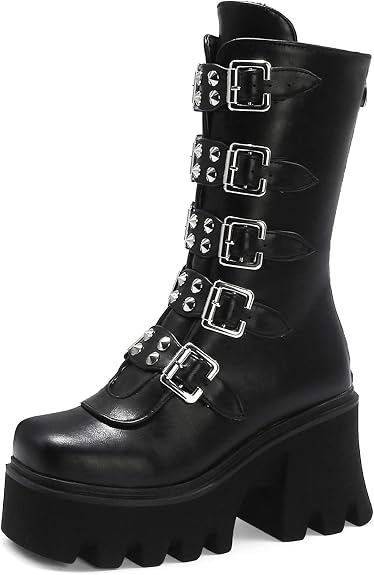 YIYA Black Platform Goth Boots for Women Studded Wide Mid Calf Combat Punk Boots Round Toe Buckle Chunky Heel Back Zipper Thick Sole Ankle Booties - sugar skull boots