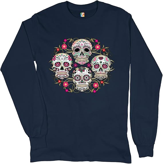 Day of The Dead Floral Sugar Skulls Long Sleeve T-Shirt Dia de Los Muertos - skull tshirt