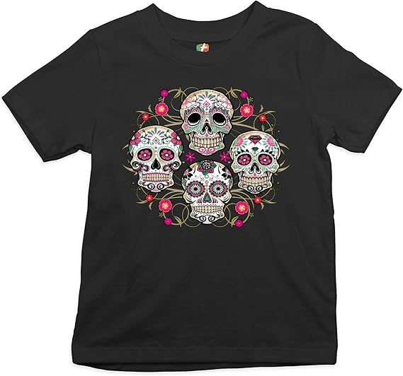 Day of The Dead Floral Sugar Skulls Youth T-Shirt Dia de Los Muertos Kids - skull tshirt