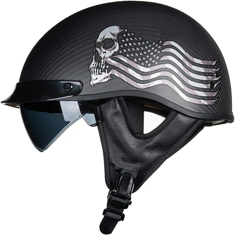 VCOROS Carbon Fiber Open Face Retro Motorcycle Half Helmet DOT - skull helmet