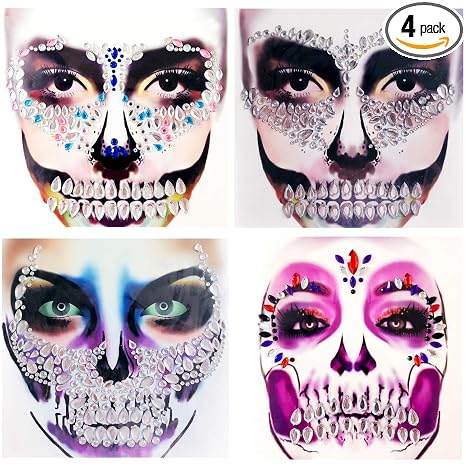 4 Packs PADOUN Face Gems Jewels, Day of The Died Skull Temporary Rhinestone Face Tattoo, Face Stickers Gems Jewels for Halloween - sugar skull makeup