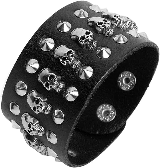 Black metal rivets studs punk rock biker wide belt leather bracelet guard wrist strap skull - skull wallet
