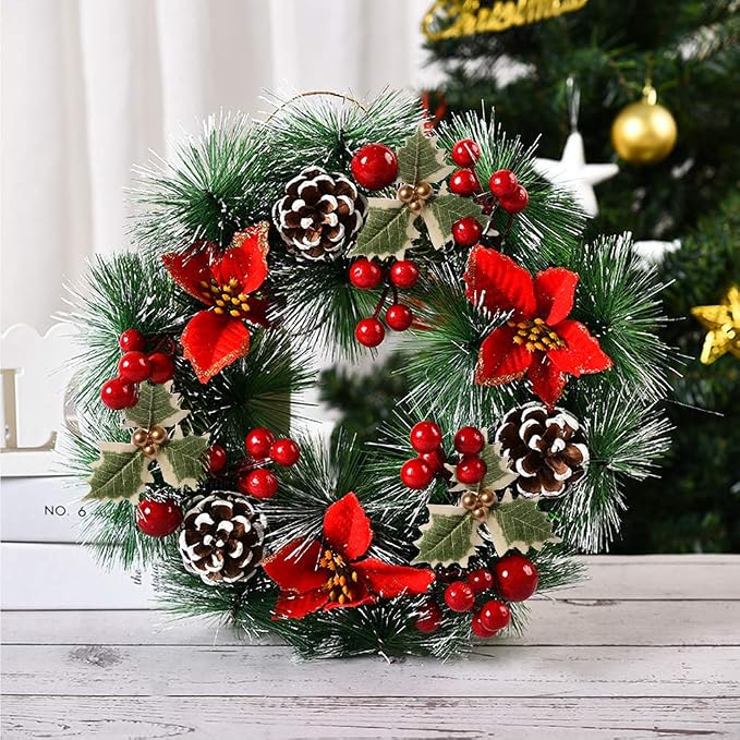 Christmas Wreaths for Front Door Xmas Art Decorations Thanksgiving Day Indoor Outdoor Home Decorative Wreath Three Red Flowers Pine Cones Fruits Leaves Snowflakes Wreaths Wall Window Door Wreath - skull wreath