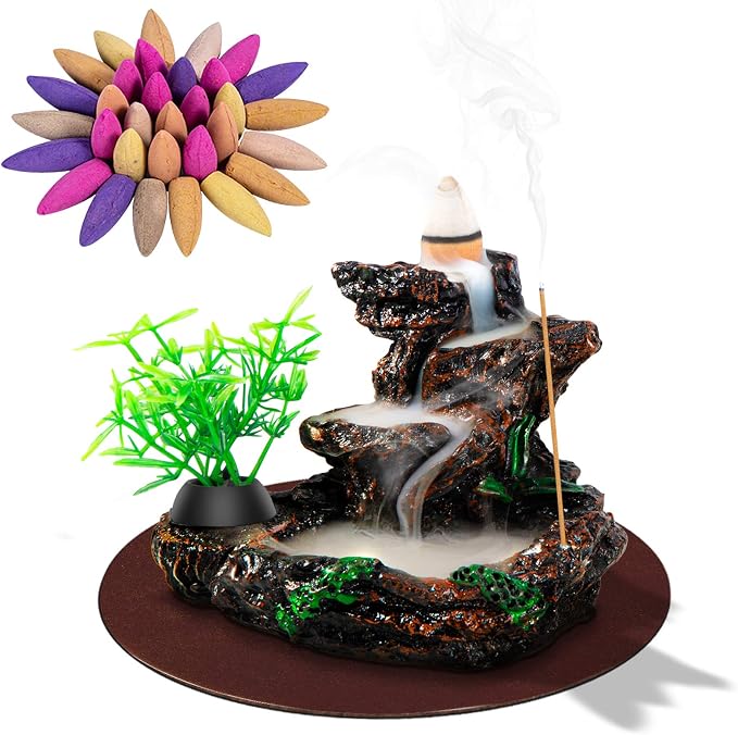 DK177 Incense Holder Waterfall Incense Burner Ceramic Backflow Zen Incense Fountain Machine Diffuser Burner Cone Holder for Spiritual Aromatherapy Gifts Set Home Decor with 20 Cones - skull incense burner