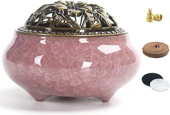 Ceramic Incense Burner with Calabash Incense Holder, 3 in 1 Stick or Cone Coil Incense Burner, Brass Lid for Yoga Spa Meditation - skull incense burner