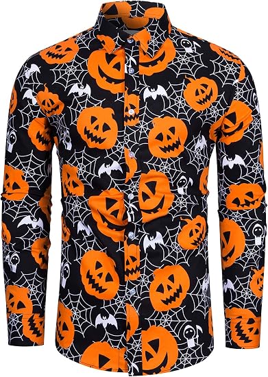 fohemr Mens Halloween Long Sleeve Button Down Adult Pumpkin Dress Shirt - sugar skull dress