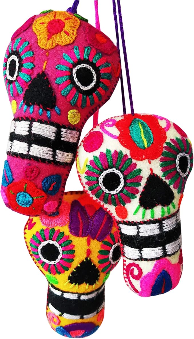 3 Pack (Assorted) Sugar Skull Ornaments for Tree, Day of The Dead Decorations, Calaveritas de Dia de Muertos Ornaments, Cloth Calaveras de Azucar Mexican Christmas Ornaments, Calaveras Decoracion
