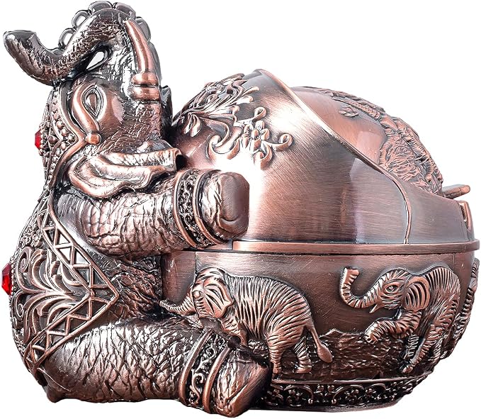 LAUYOO Vintage Decorative Windproof Ashtray with Lid for Cigarettes Metal Portable Cigarette Ashtray Odor Indoor Outdoor Hand Carved Fancy Gift ornament for Men Women (Red Copper Elephant) - skull ashtray